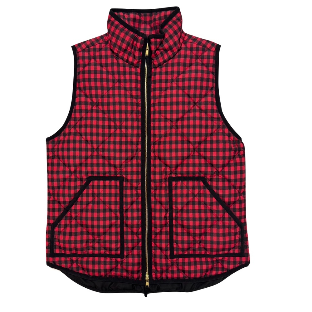 J. Crew Factory Quilted Down Puffer Vest Red and Black Buffalo Check Size Medium